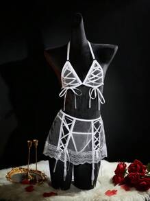 SHEIN Bộ 3 chiếc/bộ áo ngực lưới ren tương phản không dây gợi cảm cho nữ - Màu Hồng baby - Xem 3