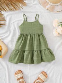 SHEIN Vestido corto holgado con textura de tirantes sueltos en verde, adecuado para vacaciones de verano para bebé niña