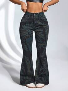 SHEIN ICON Damen Skinny Jeans mit Pflanzen Muster und Taschen, modisch - Dunkelgrau - Übersicht 5