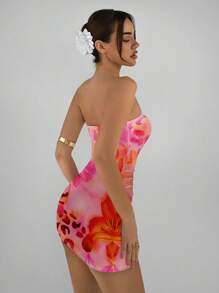 Aloruh 优雅露肩紧身粉色兰花扎染印花休闲夏装，适合度假、优雅约会、晚宴、性感、音乐节