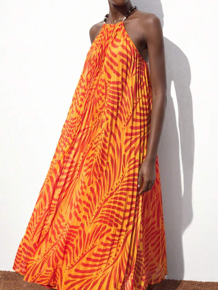SHEIN Maija Orange Digital Print Pleated Chiffon A-Line Loose Beach Dress For Women, Casual & Fashion, Spring/Summer