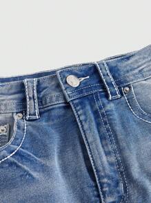 ROMWE J-Fashion Y2K 复古低腰蝴蝶刺绣可调节撞色牛仔 A 字裙（女款） - 藍色 - 查看 4