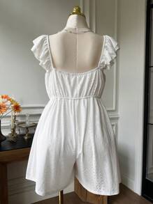 SHEIN EZwear Große Größen Weiß Hohlmuster Jacquard Puffkragen Rüschensaum Lässig Jumpsuit, Frühlings- & Sommer-Urlaubsstil - Weiss - Übersicht 2