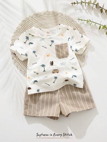 Cozy Pixies 2pcs/Set Baby Boy Cartoon Animal Graphic Soft Knit Turndown Collar Short Sleeve Top And Elastic Waist Shorts