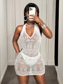 BamGleam Sexy Solid Mesh Backless Neck Tie Fitted Mini Dress - White - View 4
