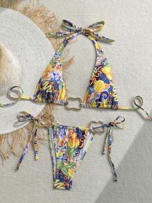 Soleia Conjunto de bikini con cuello halter, espalda anudada y decoración metálica, de estampado colorido vintage, para señoras en vacaciones