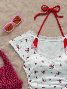 Soleia T-shirt casual d'été style ballerine femme 2 en 1 avec col, garniture de dentelle à fleurs blanches et rouges vintage et décoration nœud contrastante - Rouge et Blanc - Voir 9