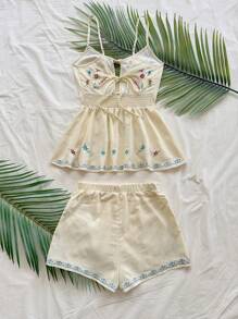 SHEIN WYWH 女士波西米亚风格杏色花卉刺绣露背系带背心和休闲短裤套装，适合度假、沙滩、下午茶、派对、约会夏季套装女士套装女士夏季两件套夏季套装 - 彩色 - 查看 2