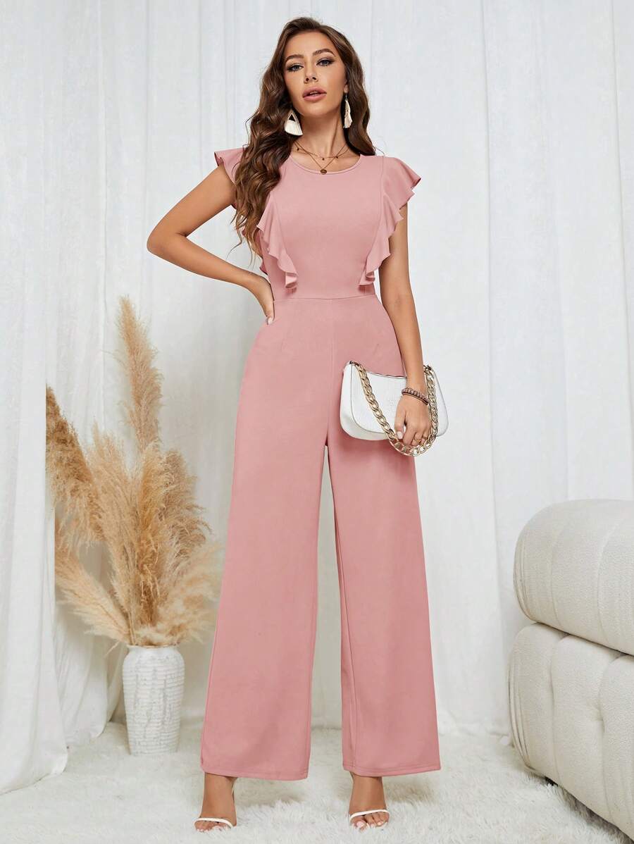 SHEIN Tall Women's Solid Color Round Neck Ruffle Sleeve Wide Leg Elegant Jumpsuit - Dusty Pink - View 1