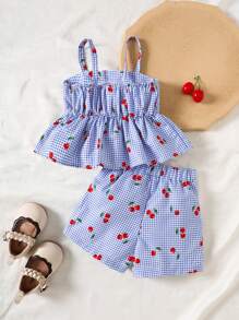 SHEIN Vintaside Kids 2 pezzi / Set Abiti per Bambina Stile Vacanze Primaverili ed Estive con Stampa Ciliegia e a Quadri, Top Slip e Pantaloncini
