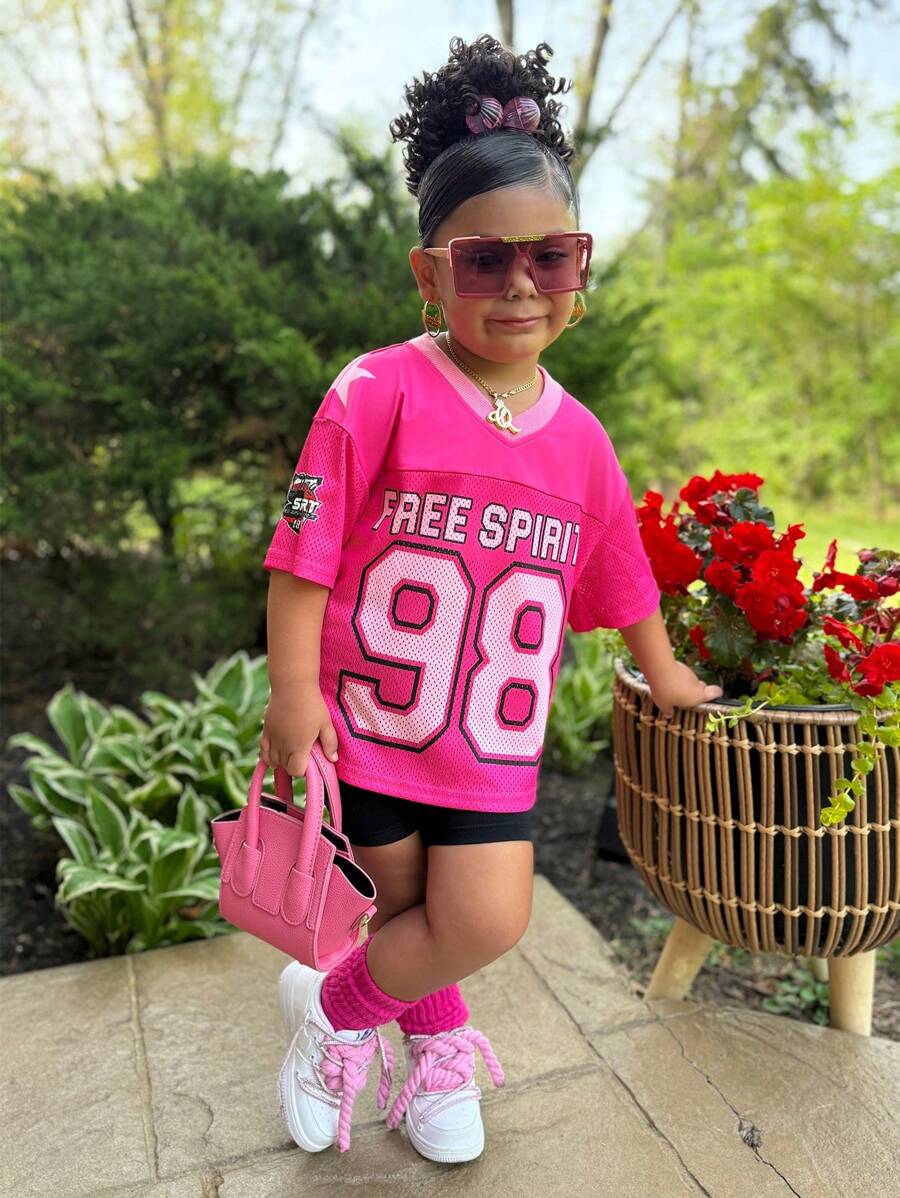 Young Girl Woven Stitching Numeric & Letter Graphic Loose Casual T-Shirt, Sports Jersey - Pink - View 1