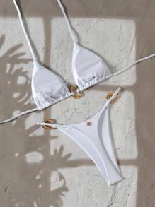 Swim Vcay 女士新款时尚纯色露背金属装饰性感三角白色比基尼套装，适合夏季海滩 - 白色 - 查看 3