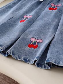 SHEIN 2 Pieces Young Girls Cute Round Neck Cherry Embroidered Sleeveless Top And Frilled Embroidered Denim Mini Skirt Set, Sweet & Playful Summer Outfit