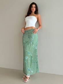 Aloruh 女士婚礼季优雅亮片刺绣修身低腰长款薄荷绿裙子低腰亮片长裙 - 薄荷绿蜜月女士婚礼宾客岛屿度假造型毕业