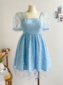 Soleia 大码度假浪漫扎染方领泡泡袖刺绣连衣裙 - 彩色 - 查看 4