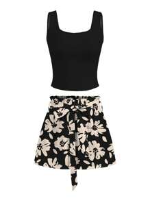 Glamance Vecteezy Conjunto de 2 piezas de camiseta de tirantes y shorts con estampado floral blanco y negro, estilo de vacaciones de verano para mujer - Negro - Ver 5