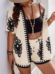 SHEIN Clasi Conjunto de talla grande de 2 piezas con cardigan de manga corta y shorts casuales sueltos con estampado aleatorio estilo bohemio de verano - Albaricoque - Ver 4