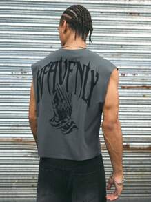 AXEPEAK 男士多尺码街头风格哥特字母图案印花圆领背心，街头风格，Emo - 深灰色 - 查看 4