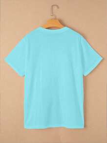 Calvaya 1pc Plus Size Solid Color Short Sleeve Round Neck T-Shirt, Fashionable For Summer - Baby Blue - View 2
