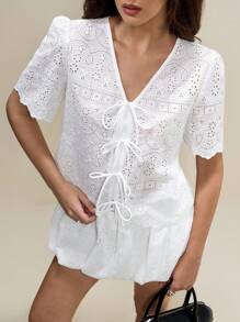 SHEIN Unity Women Solid Color Hollow Out Embroidery Twist V-Neck Short Sleeve Blouse - White - View 6