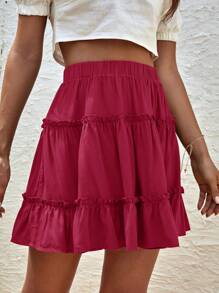 Chiquease Women Solid Color Simple Casual Pleated Skirt - Red - View 4