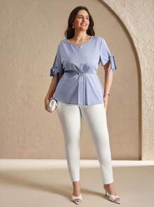 SHEIN Clasi Plus Size Plain Simple Daily Tie Cuff Shirt - Blue - View 7