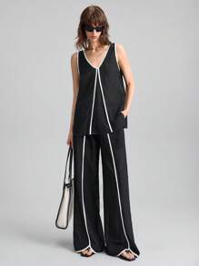 Ontre 2025 New Urban Style Black Linen-Like Material Contrast Trim 2 Pieces Set Women's Elastic Waist Pants Suit, Versatile For Music Festival, Concert, Country Music Festival, Casual, Beach, Boho Vacation, High-Quality Comfortable Fabric