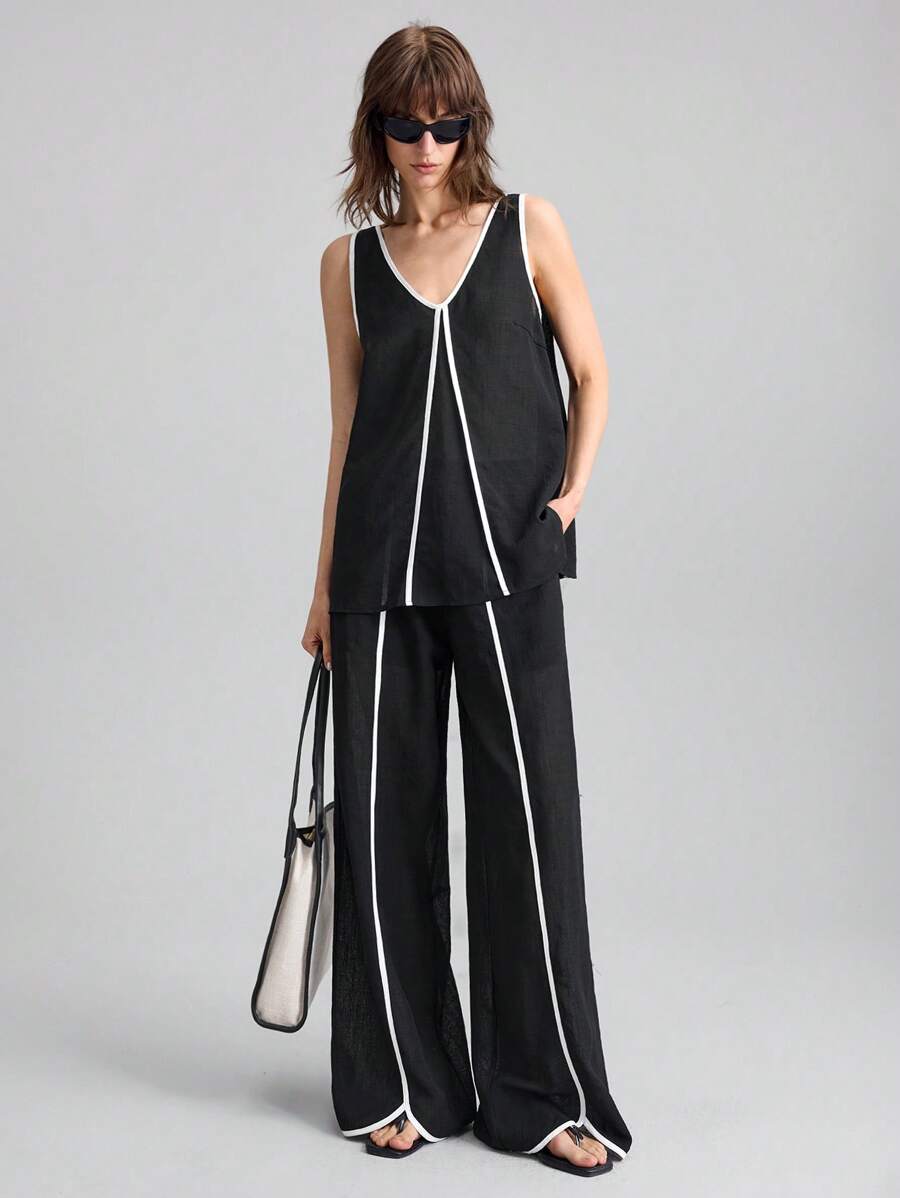 Ontre 2025 New Urban Style Black Linen-Like Material Contrast Trim 2 Pieces Set Women's Elastic Waist Pants Suit, Versatile For Music Festival, Concert, Country Music Festival, Casual, Beach, Boho Vacation, High-Quality Comfortable Fabric