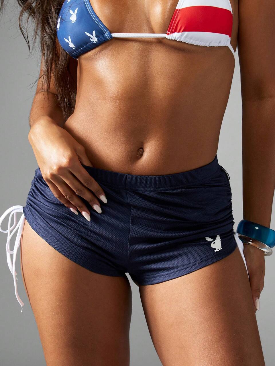 Missguided x Playboy 4th Of July Athletic American Flag Stars And Stripes Navy Side Tie Booty Shorts Workout Loungewear Beach Summer Pool Party Active Wear