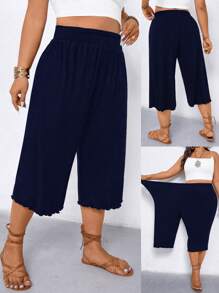 EMERY ROSE Plus Size Women Casual Ruffle Trim Wide Leg 3/4 Pants - Navy Blue - View 1