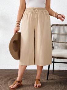 SHEIN VCAY Pantalones capri casuales de algodón lavado con cordón en la cintura para mujer de talla grande, adecuados para fiesta en la piscina de verano, estilo boho chic, para brunch, aeropuerto, vacaciones en la playa, vacaciones en la ciudad, vacaciones de verano en Europa, luna de miel, estilo occidental para mujer de talla grande - Albaricoque - Ver 4