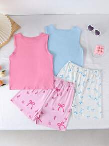 4 件套女童可爱蝴蝶结图案无袖上衣和短裤睡衣套装，休闲时尚粉色和蓝色组合