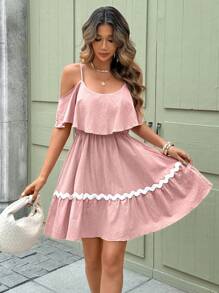 SHEIN Clasi 女士新款时尚优雅露肩舒适粉色阳光迷你连衣裙，适合日常穿着，夏季连衣裙 - 粉色 - 查看 3