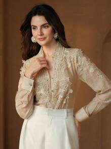Anewsta Camicetta in pizzo testurizzato con maniche lunghe e design morbido, adatta per l'estate, look versatile