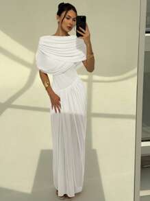 Aloruh Women's Solid Color Pleated Batwing Sleeve Elegant Dress - White - View 6