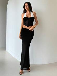 Aloruh Women's Wedding Season Black And White Crop Halter Top And Low Waist Maxi Skirt Two Pieces Outfits For Daily Wear Prom Dresses For Women  Wedding Guest Outfit Women - Black and White - View 4
