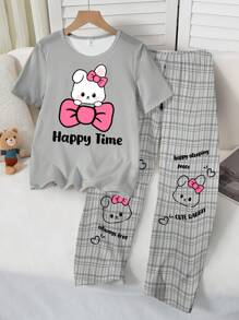 SHEIN 2pcs/Set Girls Cute Bunny Graphic Tee & Plaid Loose Knit Pants Casual Pajamas Set, Comfortable And Fashionable Homewear - Grey - View 6