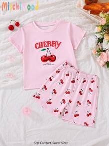 New Casual Cherry Print Short Sleeve T-Shirt And Shorts 2pcs/Set Summer Girls Young Comfy Pajamas Summer Pj Sets Young Girls Casual Sets Young Girls Clothing Outfit Young Girl Short Sets Young Girl 2 Pieces Outfits - Pink - View 1