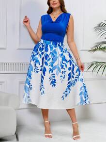 SHEIN Clasi Elegant Contrast Color Print 2 Pieces Suit, Suitable For Commute And Daily Wear, Plus Size,Mother's Day,4th Of July, Graduation ,Church Outfits Women ,Summer Tops, Church Outfits Women,Two Pieces Summer Set,Summer Sets,Blue For Women, - Blue and White - View 8