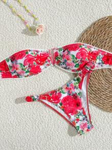 Swim Mod 女士两件套泳衣，花卉装饰泳衣，适合海滩度假，版权所有，随机印花 - 紅色 - 查看 3