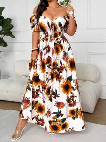 Flirla Plus Size Women Elegant Off Shoulder Short Sleeve Sunflower Print Dress, Vacation Wear - Apricot - View 4