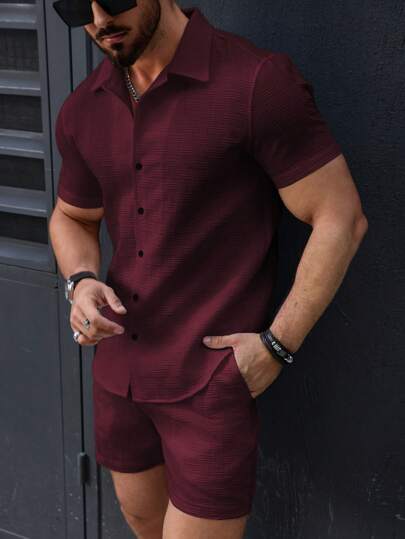 Manfinity Homme 2件套男士纯色短袖单排扣衬衫和短裤休闲装