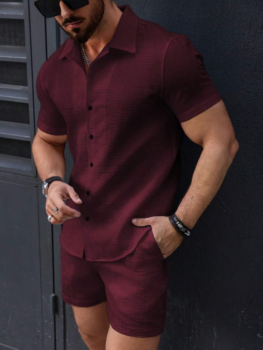 Manfinity Homme 2pcs/Set Men's Solid Color Short Sleeve Single-Breasted Shirt And Shorts Casual Outfit - Rusty Rose - View 1