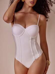 Swim Oasis 2Pcs Women White Spaghetti Strap Push Up One-Piece Swimsuit Set With Mesh Ruffle Beach Skirt,Cute Summer Party Vacation Holiday High Cut Swimwear - White - View 7