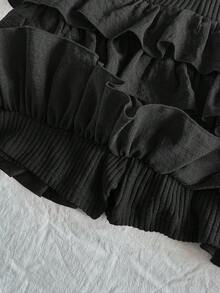 Soleia Women's Vacation Burgundy Round Neck Sleeveless Woven Patchwork Multi-Layer Ruffle Hem Jumpsuit Black Ruffle Dress Black Tiered Ruffle Dress Black Ruffle Mini Dress Casual Black Dress Black Sundress - Black - View 8