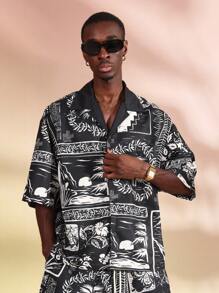 SUMWON Tropisches Resort Palmen Muster Zusammenpassende Set bestehend aus Hemd und Shorts, Strandurlaub Party Sommer Wochenendausflug Lässig Lässig Allover-Muster