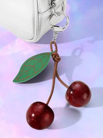 Kawaii 1 Elegante portachiavi di lusso e alla moda in stile Y2K in pelle marrone di alta qualità con ciondolo a foglia in resina e ciliegia, accessorio fai-da-te per borse, adatto per donne, uso quotidiano e come regalo per feste