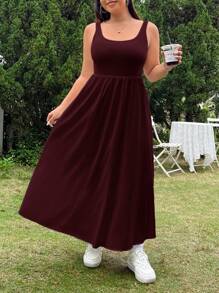 SHEIN EZwear Đầm thường ngày màu trơn cỡ lớn, phù hợp cho mùa hè - Màu Đỏ Sâu - Xem 4