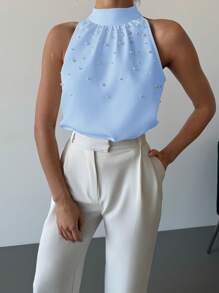 Firerie Áo thun body-con không tay màu trắng thời trang thanh lịch tối giản ngày lễ tình nhân dành cho người đi làm, xuân/hè - Màu xanh nhạt - Xem 6