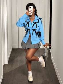 BamGleam Women's Color Block Bow Decor Summer Cardigan Shirt